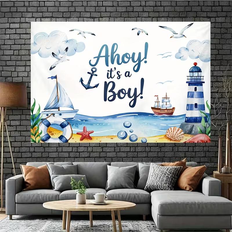 2D Coastal Ocean Ahoy It's a Boy Backdrop for Nautical Themed Baby Shower Decor