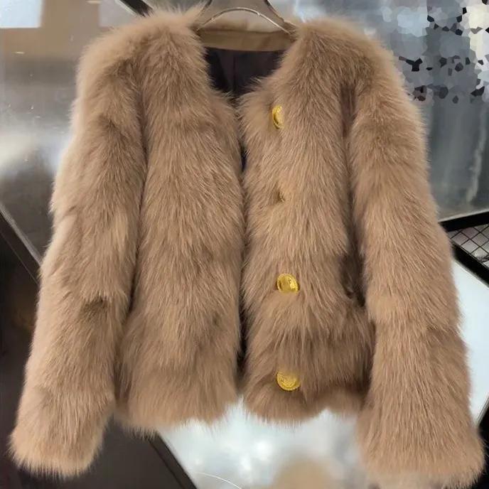 

WTEMPO Искусственный мех осень-зима женские большие размеры куртки на пуговицах ветрозащитные холодостойкие с круглым вырезом однотонные толстые теплые пальто XL кофейный