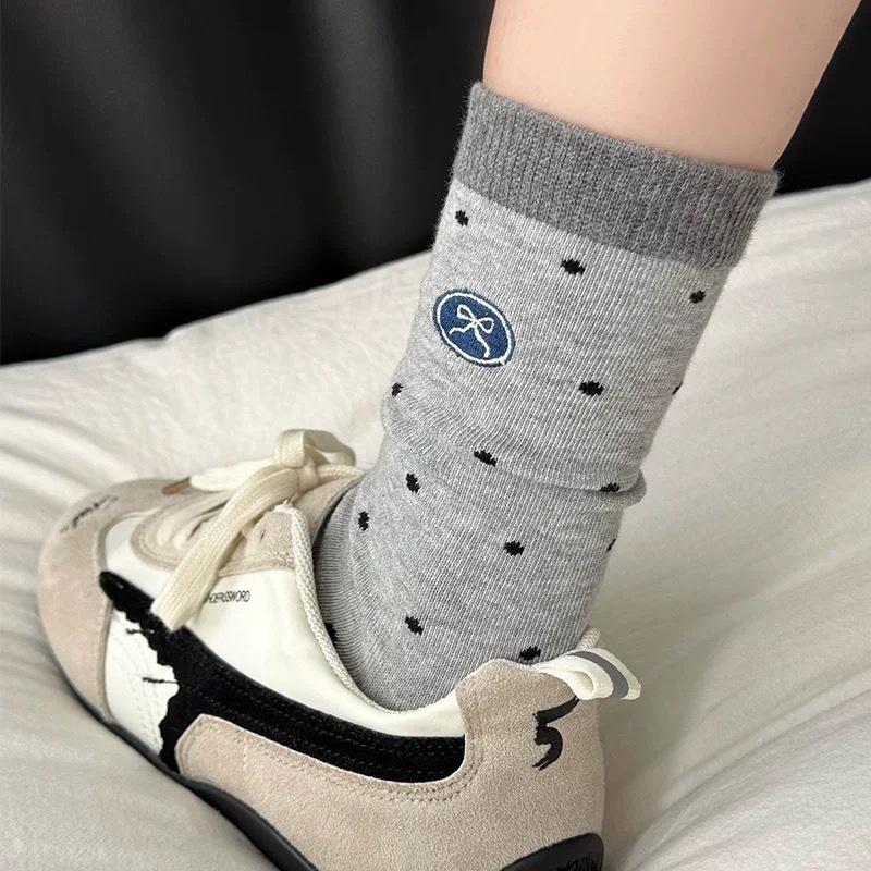 Coffee-colored Socks, Women's Polka Dot Mid-calf Socks, Autumn Cotton Socks, Trendy Embroidered Bows, Cute Pile Socks