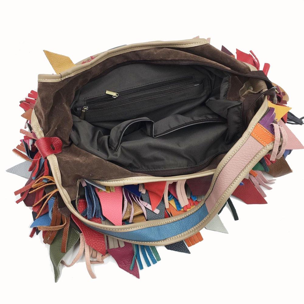 Women's European & American Genuine Leather Tassel Patchwork Tote Crossbody Bag - Colorful, Fashionable & Versatile