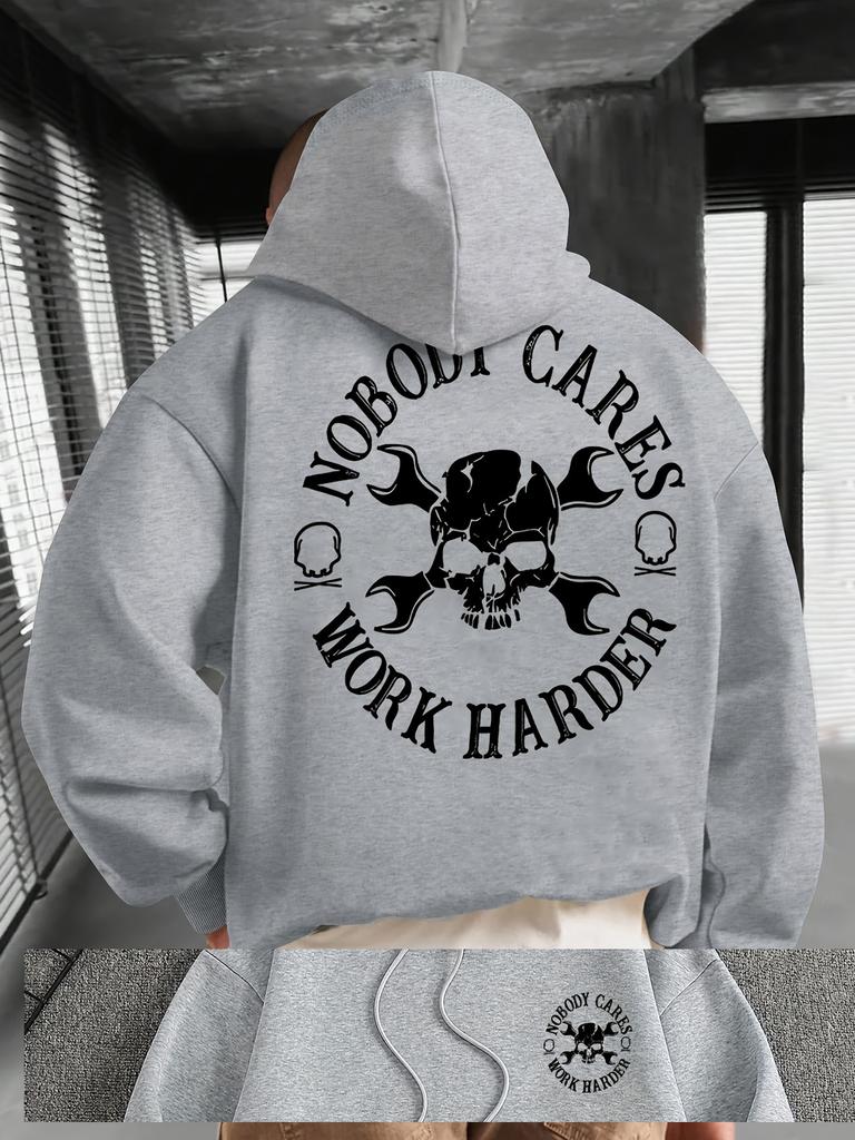 Herren-Trainingskapuzenpullover, „Niemand kümmert's, arbeite einfach weiter hart“, Totenkopf-Schraubenschlüssel-Aufdruck, locker geschnittenes Sweatshirt im Streetwear-Stil, lässiger Trainingspullover.