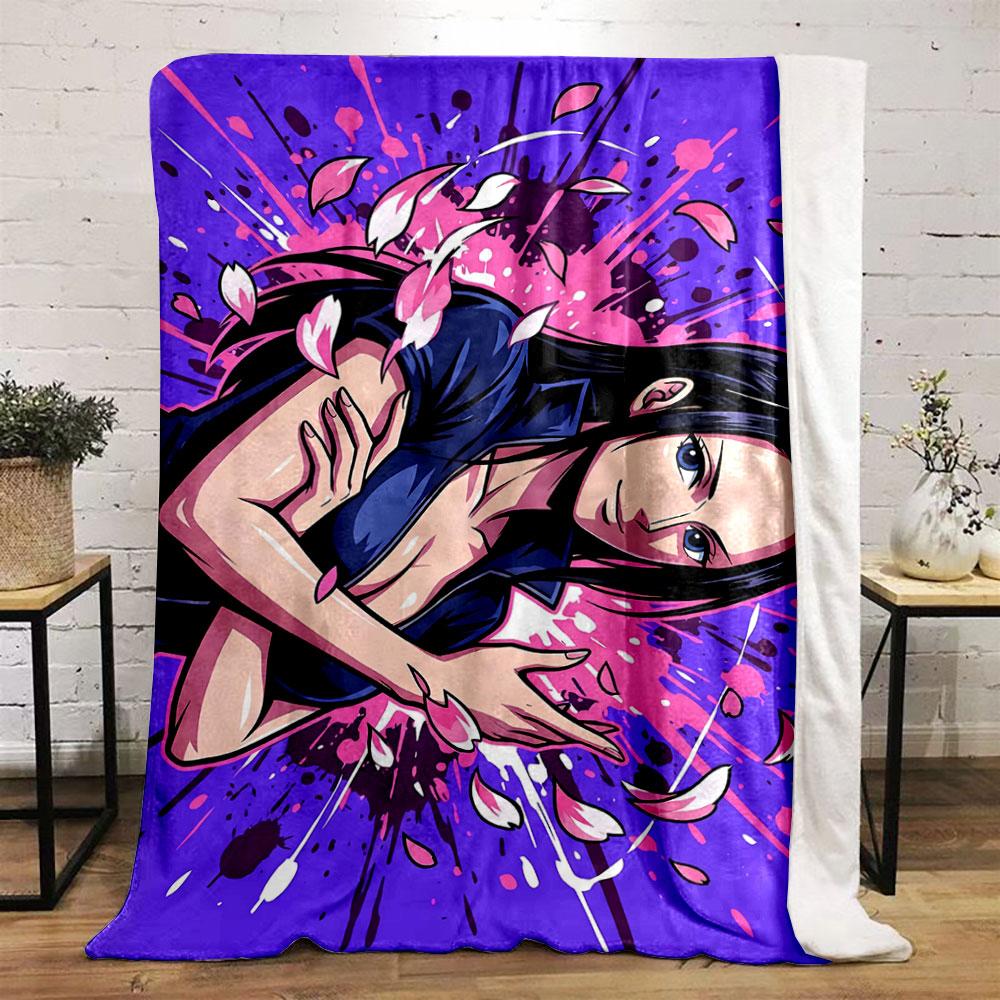 A woman with flowing petals on a vibrant purple and pink splatter background. for all seasons blanket lunch break throw gift