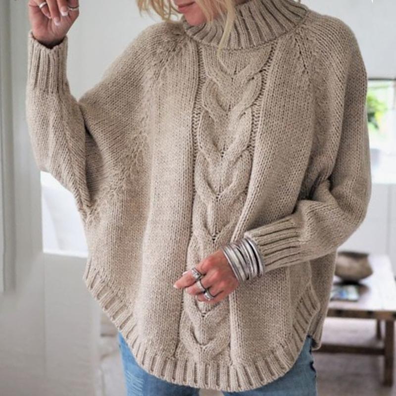Women Autumn Winter Vintage Loose Long Sleeve Top Solid Color Bat Sleeve Pullover Knitwear O-Neck Knitted Sweater