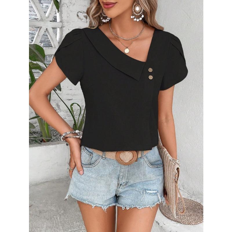 2026 Summer New Oblique Collar Loose Women Blouse Casual Solid Color Shirt Ladies Simple Button Sweet Petal Sleeves Tees Tops Fashion Elegant Clothes
