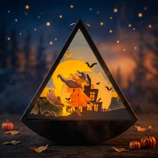 Decorative Lights for Home Halloween Triangle LED Lantern, Tumbler Shape Night Light with Witch Ghost Unique Decorations Pumpkin, Battery Operated