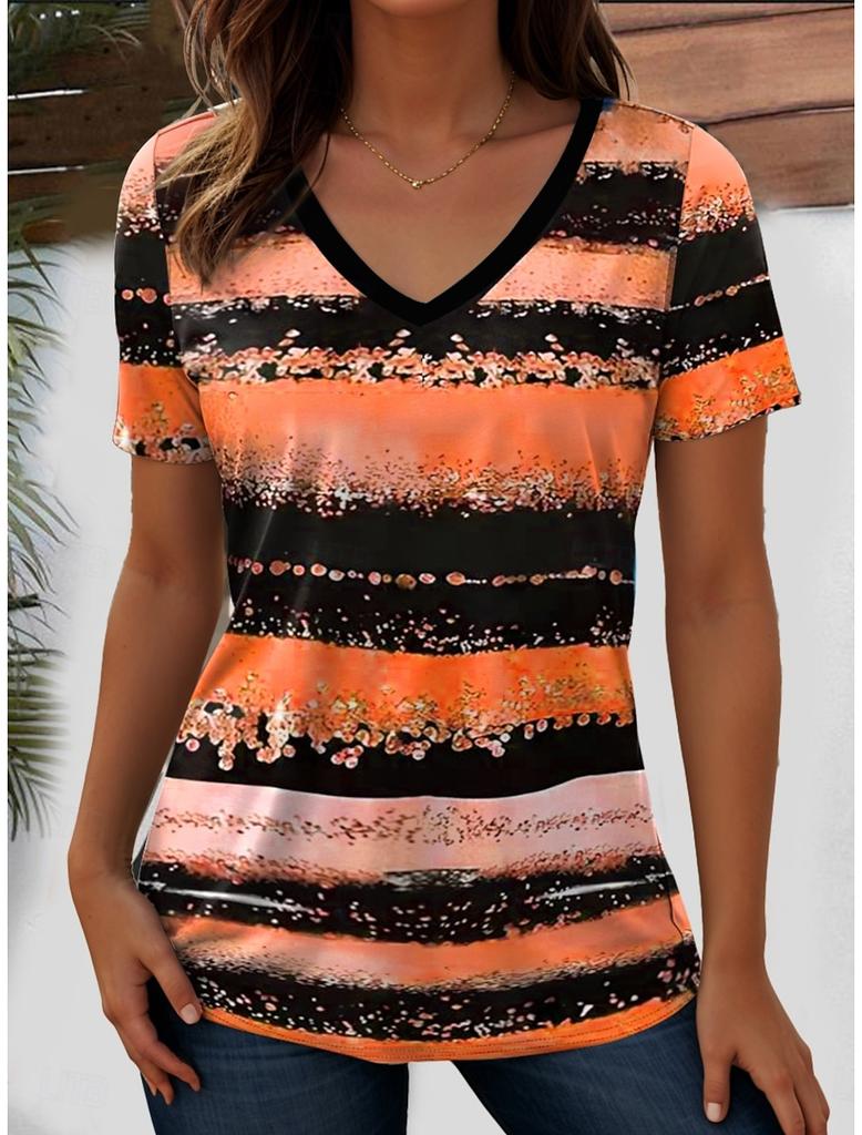 Kadın Tişört Okyanus Çizgili Grafik Moda Kısa Kollu V Yaka Normal Üstler Günlük Baskılı Tişört Yaz Bahar günlük Üstler