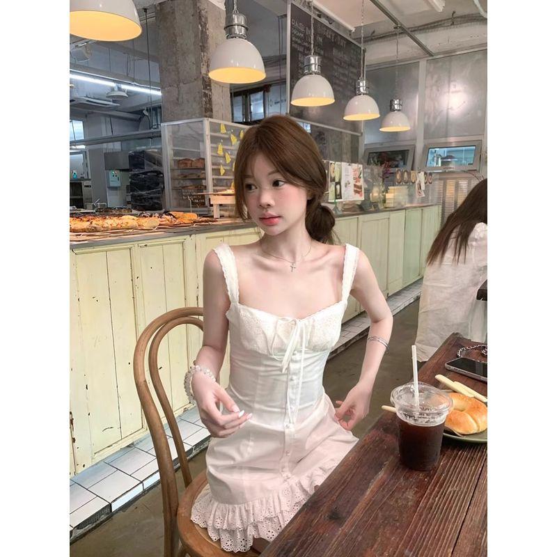 Kumikumi Pure Desire Style Hollow Single-Breasted Sling Dress Women Summer Age-Reducing Chic Slimming White Short Dress