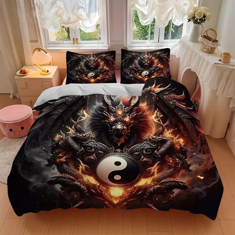 3pcs Yin Yang Dragon Printed Bedding Set, Soft and Comfortable Quilt Cover for Bedroom, Guest Room