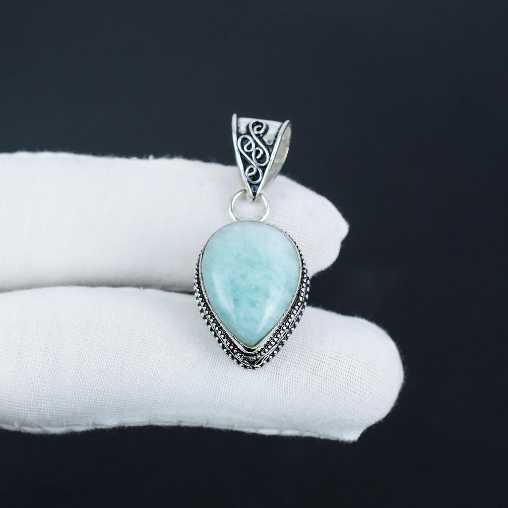 Naturlig Amazonit Ädelsten Silverhänge i 925 Sterling Silver - Handgjord Päronform, Vardags Smycke Alla Hjärtans Dag Present