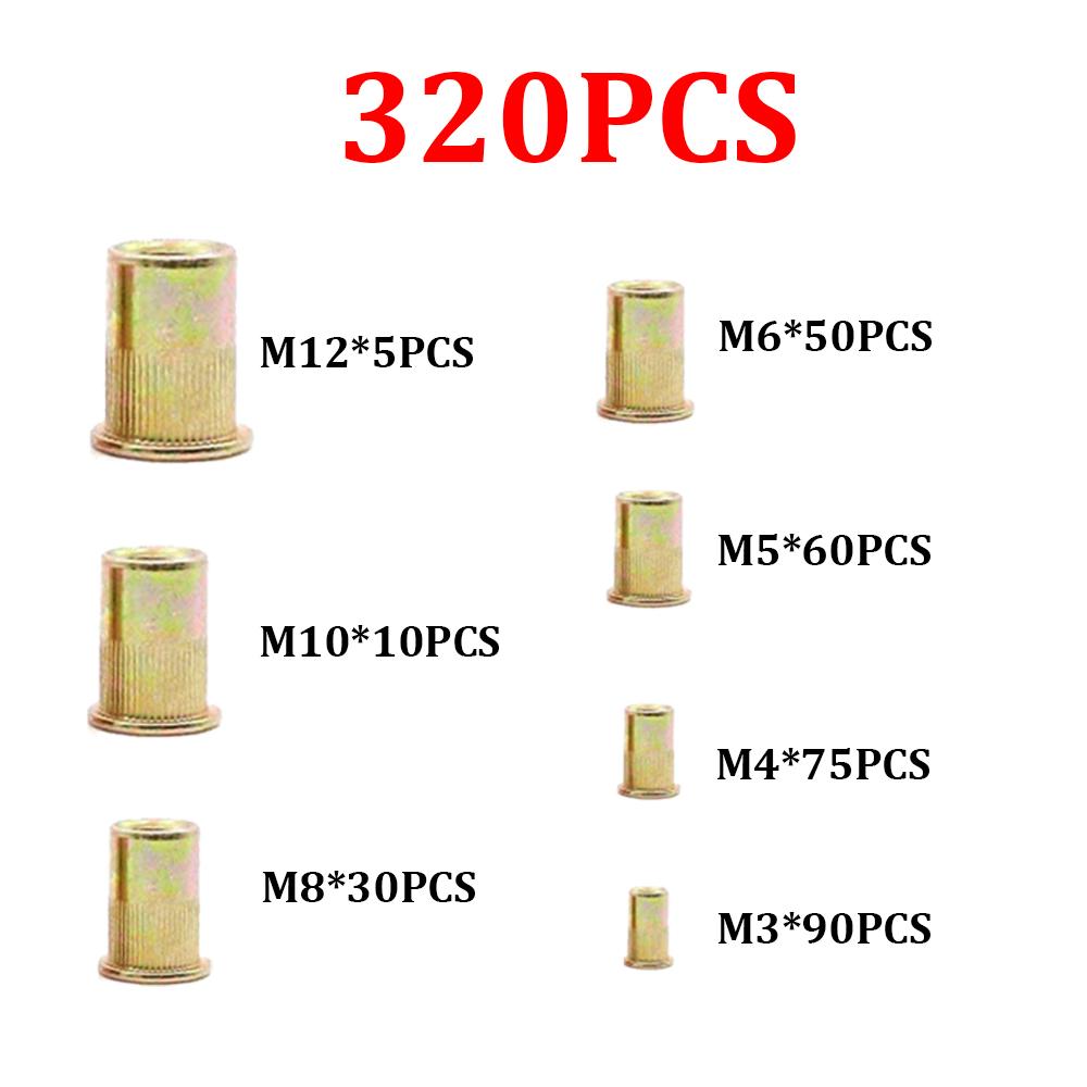 320PCS Zinc-Plated Rivet Nut Assortment M3-M12 Flat Head Vertical KnurledThreaded Rivet Insert Nutsert Cap Rivet Nu Sett