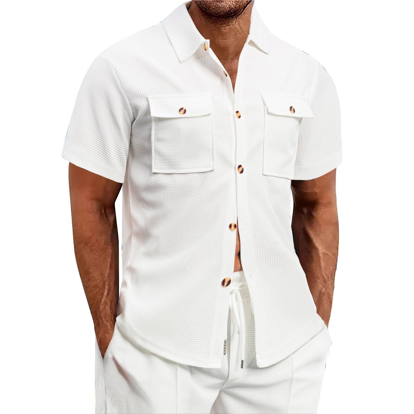 

Мужская повседневная деловая рубашка однотонного цвета с коротким рукавом и двойными карманами, мужская рубашка с воротником-лацканами и застежкой на пуговицы XL белый