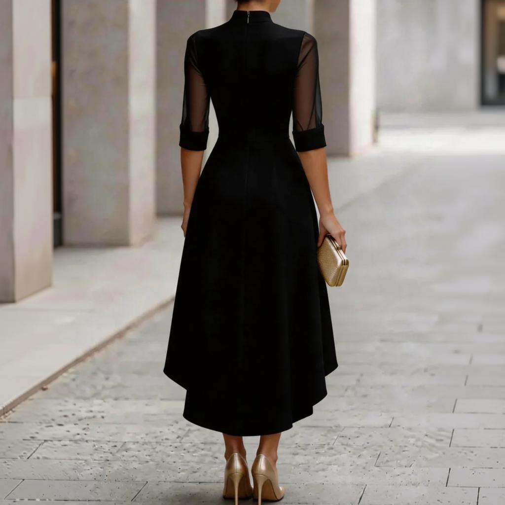 Women's Color Mesh Cocktail Dress with Mock Neck, Three-Quarter Sleeves and Asymmetric Hem for Evening Party
