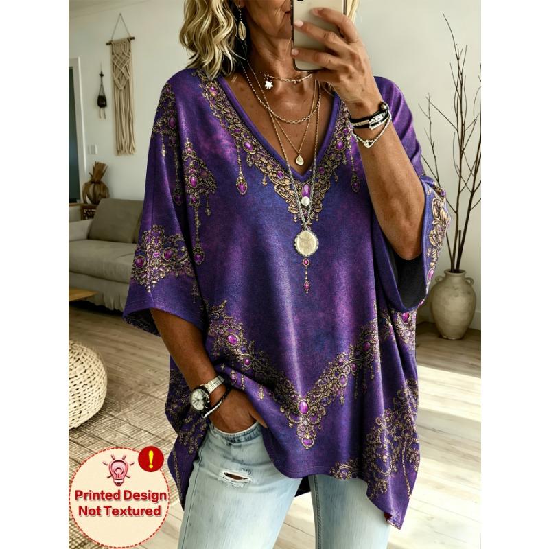 Large size women's retro gemstone vine creative totem print V-neck mid-sleeve casual T-shirt