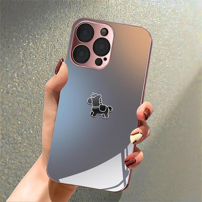 Cute Pony Pattern Pink Metallic Tempered Glass Phone Case For iPhone 17 Pro Max Plus 11 12 13 14 15 16 Pro 17Air 17E Cover
