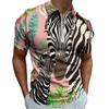 Zebra & Tropical Print Short Sleeve Zip-up Polo, Stylish Casual Top
