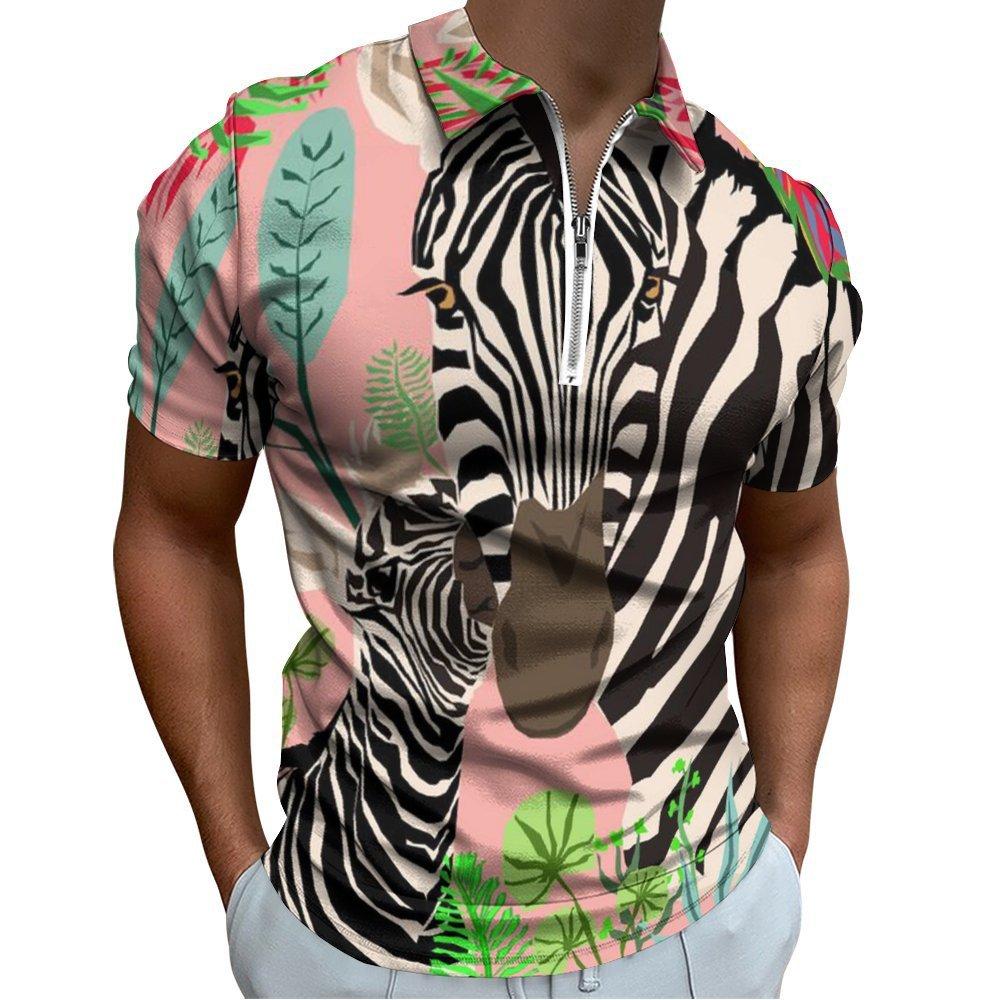 Zebra & Tropical Print Short Sleeve Zip-up Polo, Stylish Casual Top