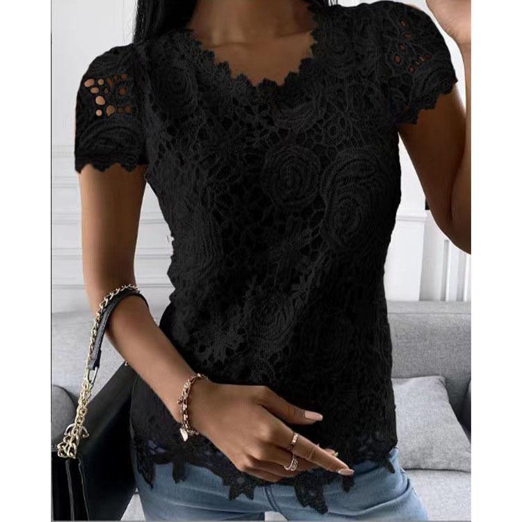 Sommer Damen T-Shirt Kurzarm Spitzenshirt Temperament Elegant Kurzarm Tops