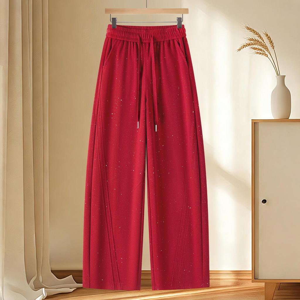 Spring 2026 Red Rhinestone Wide-Leg High-Waist Sweatpants for Women