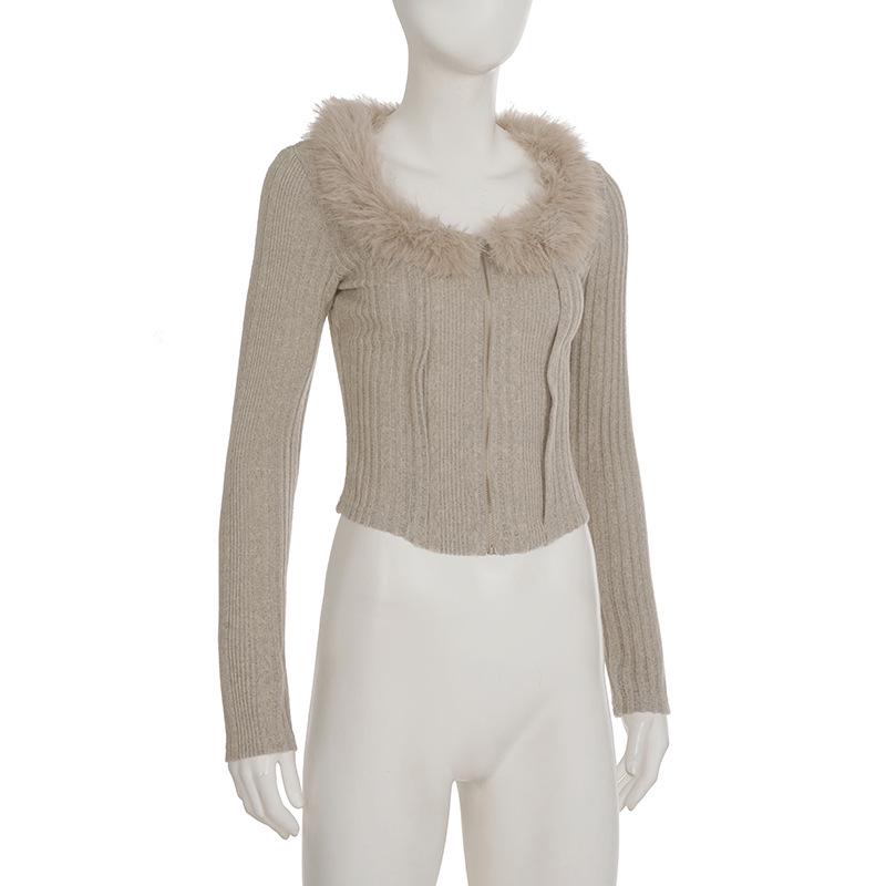 European and American Casual Fur Collar Zipper Knit Cardigan Sweater for Women