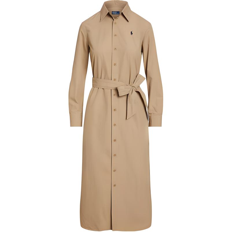 

Polo Ralph Lauren SS24 Однотонное платье с острым воротником, однобортное, с поясом, с длинными рукавами, женское, платья, хаки, WMPODRSNFA20743-250 S