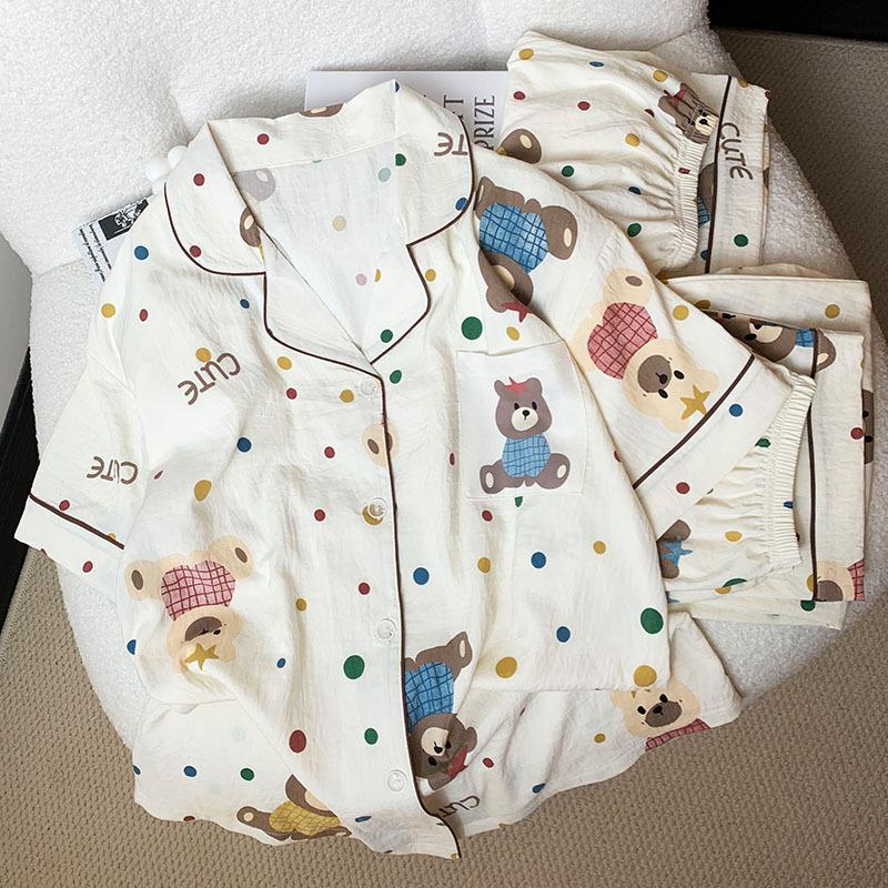 

Милая пижама с мишкой для весны и лета, женский хлопковый комплект из трех предметов с коротким рукавом M