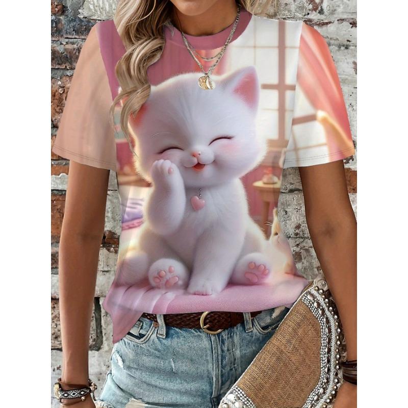 

3D Pattern Design Printing Women s T-Shirt Cat Print- Comfy Short Sleeve Crew Neck - Perfect for Spring & Fall Casual Wear S