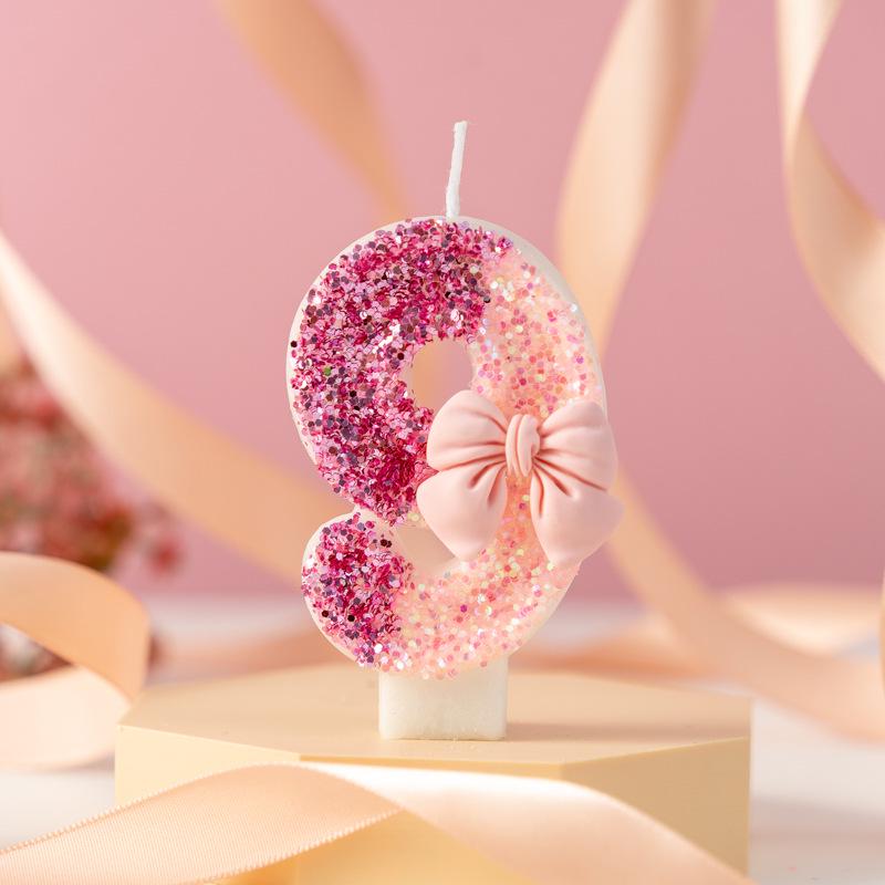 Glitter Pink Bow Number Candle - Color Block Birthday & Anniversary Cake Decor