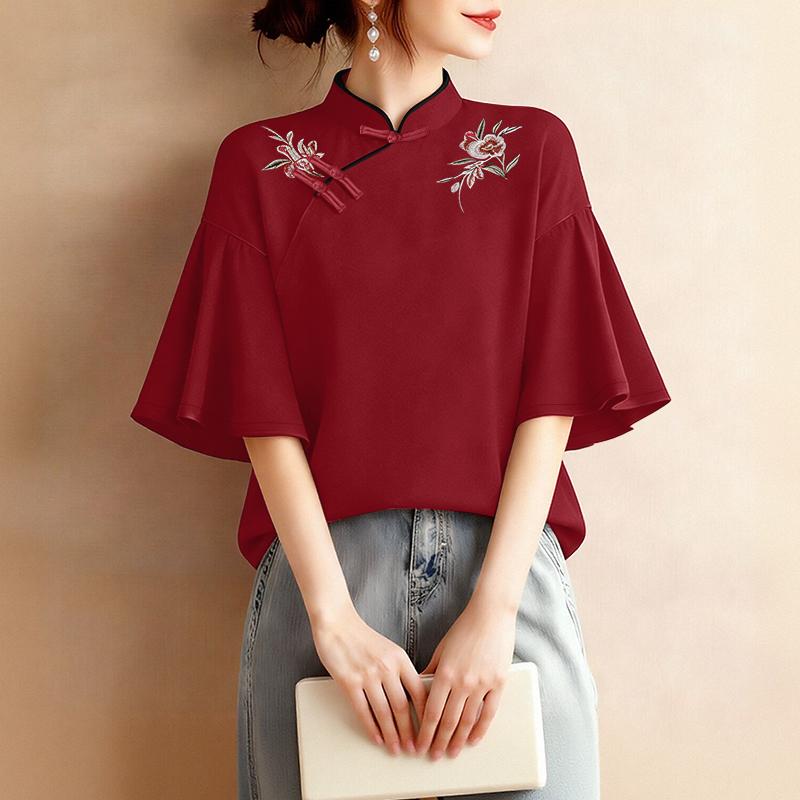 ZANZEA Women Stand Collar Casual Embroidery Loose Short Sleeve Blouse S вино красного