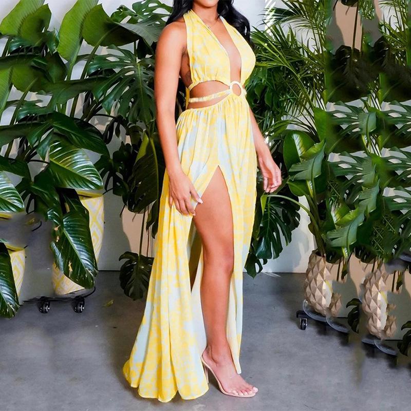 SC women s nightclub clothes, sexy printed cross-strap V-neck split-ended dress S