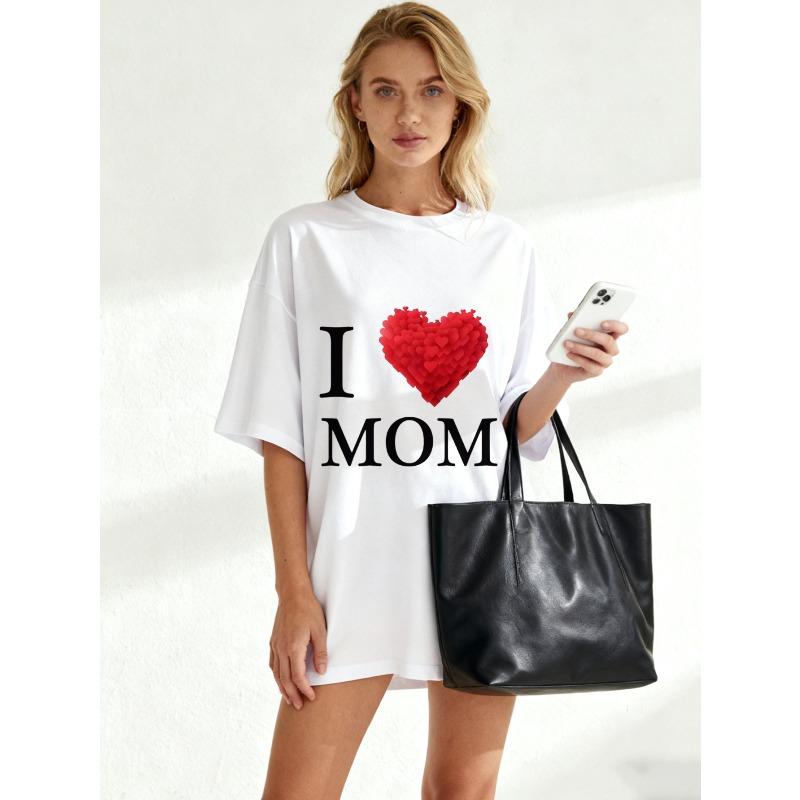 Camiseta Oversized Preta Estampa Coração I Love Mom Para Presente de Dia das Mães Roupa Casual Feminina