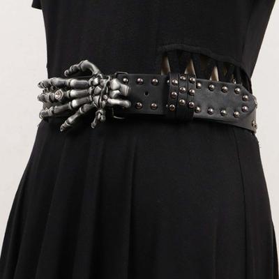 Y2K Skull Wide Waistband Adjustable Skeleton Fingers Belt Fashion Black Rivet Belt  Waist Seal