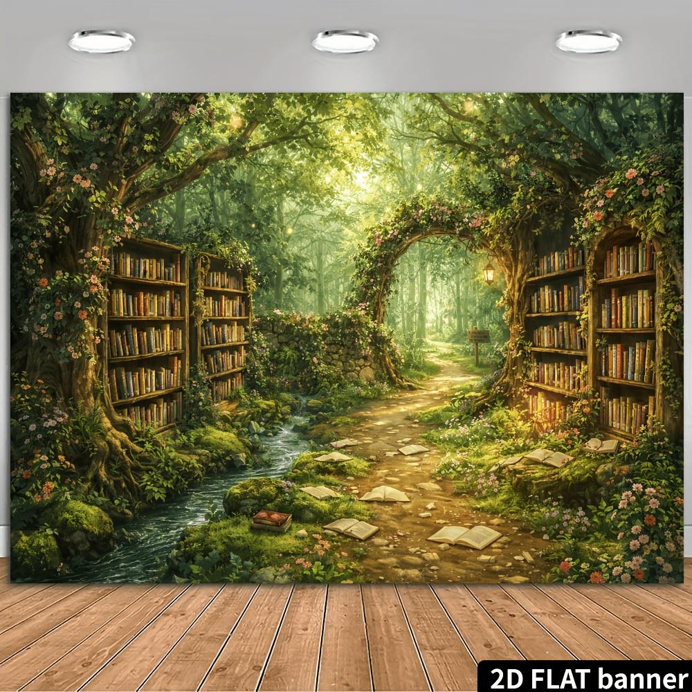 2D plane forest reading room with stream background fabric tree and vine bookshelf and forest path connecting them
