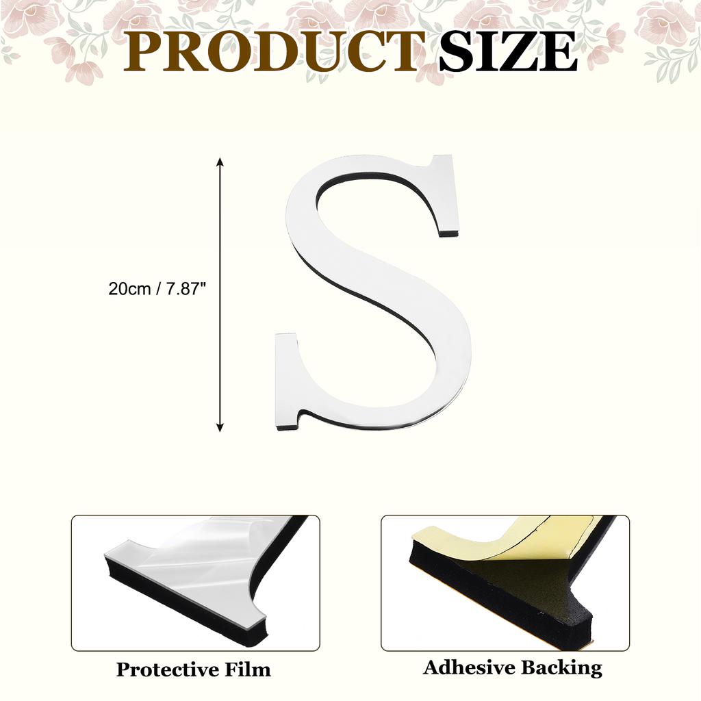 20cm 3D Mirror Acrylic Wall Sticker 26 English Letters Wall Sticker Decals Self-Adhesive Wall Art Mural Home Party Silver