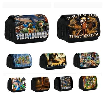 Funny Italian Brainrot Cosmetic Case Cartoon Pencil Box Tralalerotralala Bombardiro Crocodilo Tung Tung Sahur Pen Holder Case