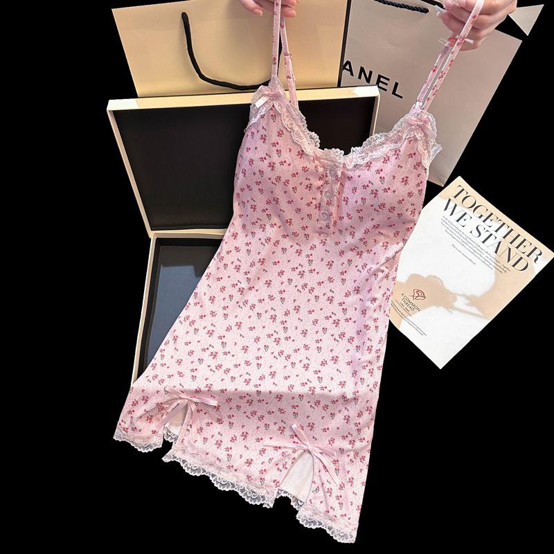 2025 Pure Desire Floral Women's Sexy Spaghetti Strap Lace Nightgown with Chest Pad and Short Slit
