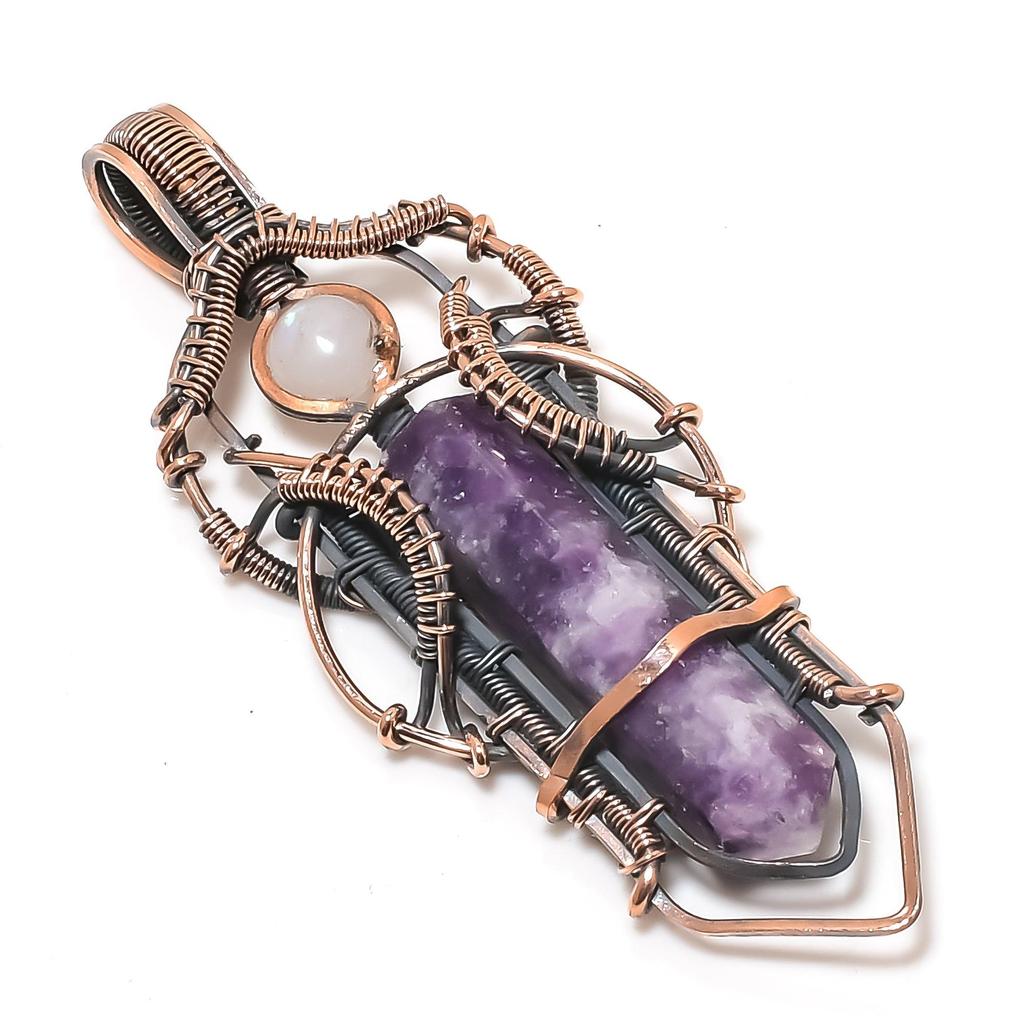 Lepidolite Gemstone Pendant, 999 Copper Wire Wrapped Pendant Handmade Antique Jewelry, Gift For Mother