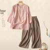 Southeast Asia Retro Embroidered Cotton-Linen Two-Piece Set: Seven-Sleeve Shirt & Wide-Leg Pants