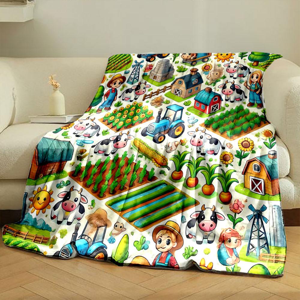 Adorable Farm Themed Blanket with Cows Tractors and Crops Blanket for Livingroom Couch Lunch Break Soft Throw for Friend's Festival Gift