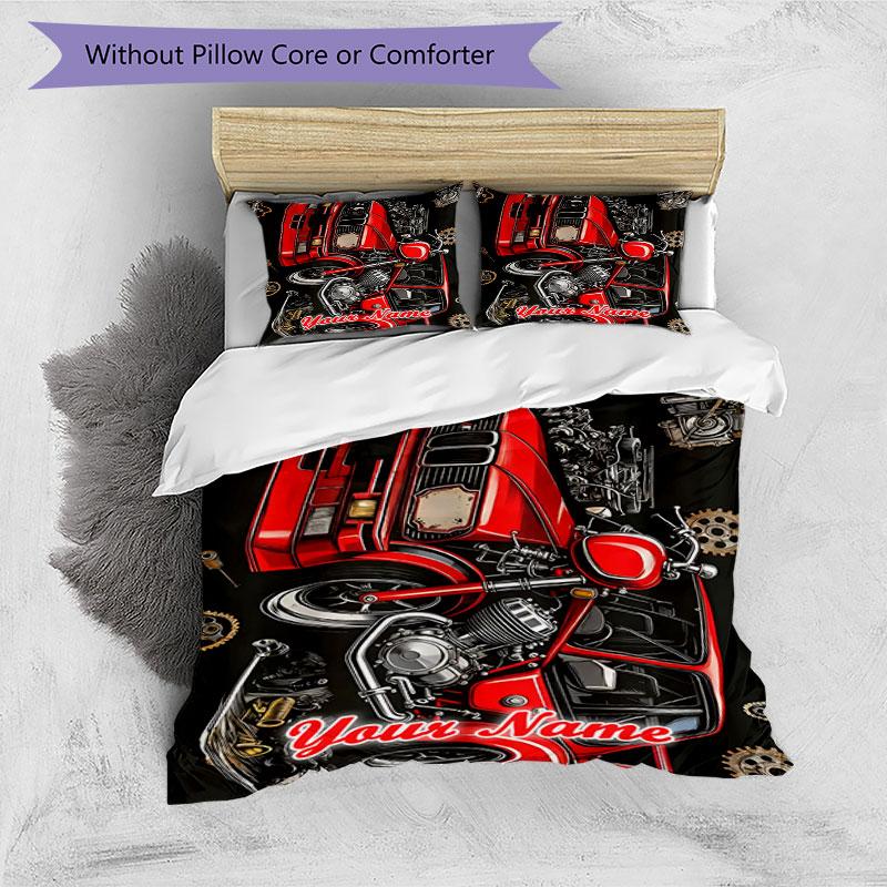 3PC Custom Name Retro Car Motorcycle Art Bedding Set Printed Bedding Set Duvet Cover Closure Includes 1 Duvet Cover & 2 Pillowcases for All Seasons Be