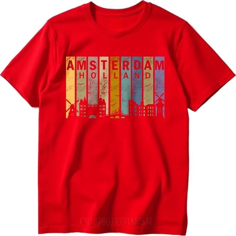 

Men Summer Fashionable Tshirt Amsterdam Holland Skyline Windmills Buildings Birds Colors Relaxed Fit Short Sleeve O Neck for Her M