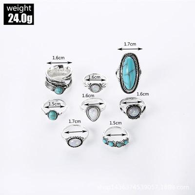 Retro Turquoise Feather Carved Ring Set: 8-Piece European & American Style