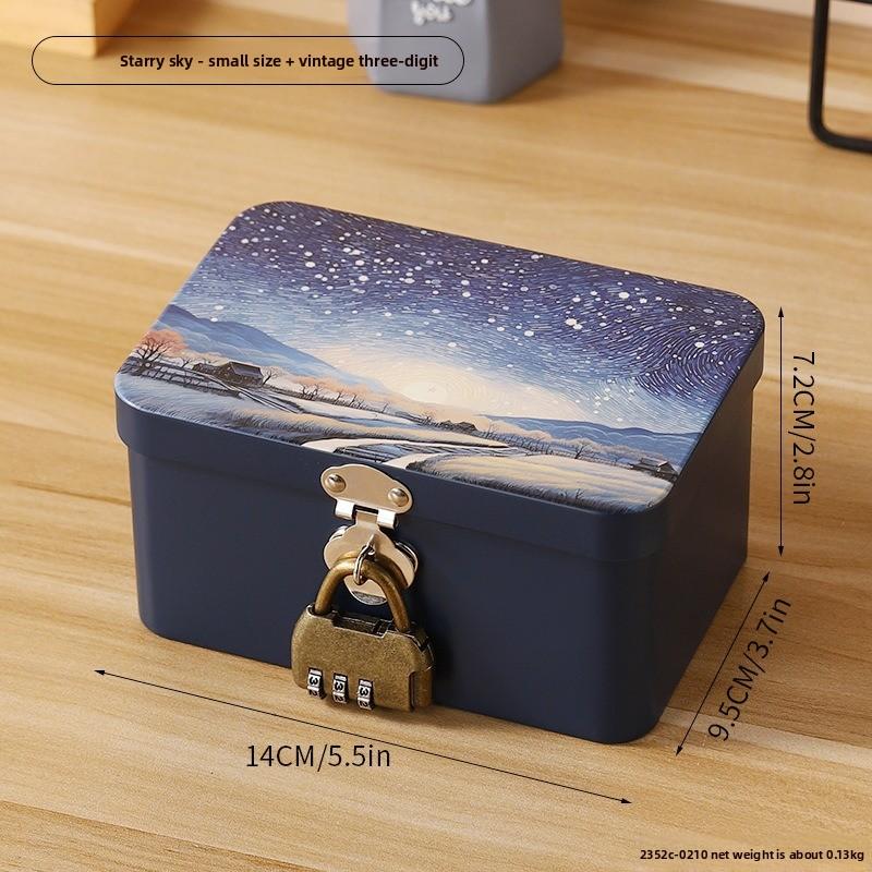 Retro Tinplate Box with Lock Key, Desktop Storage Box, Cosmetics, ID Storage, Household Jewelry Empty Box.