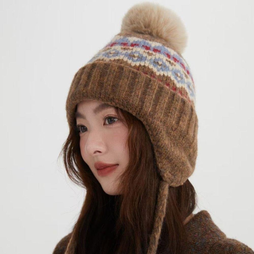 Warm Fair Isle Style Beanies Wool Lei Feng Hat Retro Jacquard Knitted Hat Girls