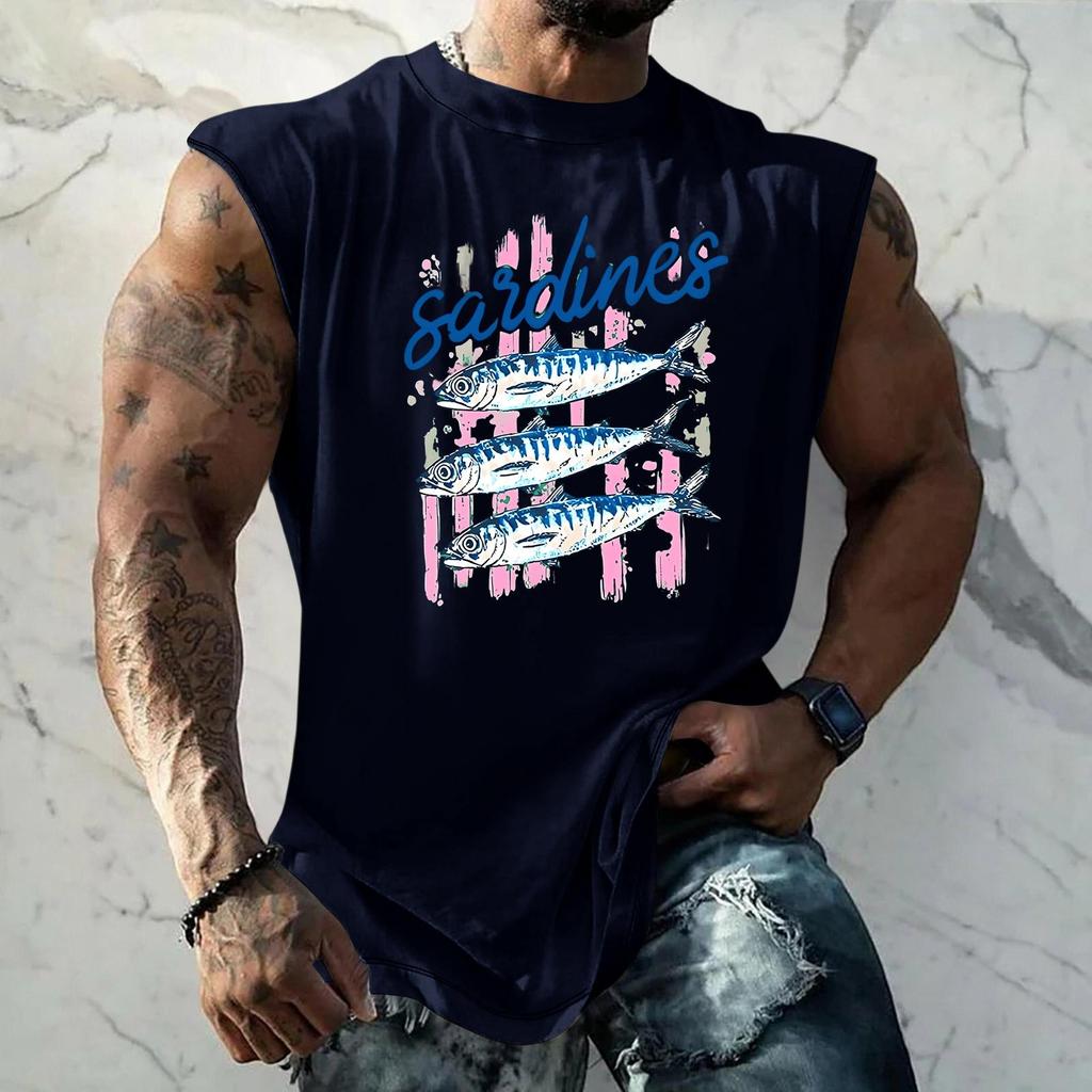 Pánské tílko s vtipným potiskem a retro texturou, volný střih, prodyšné, na letní sporty a streetwear, ležérní pro každodenní nošení