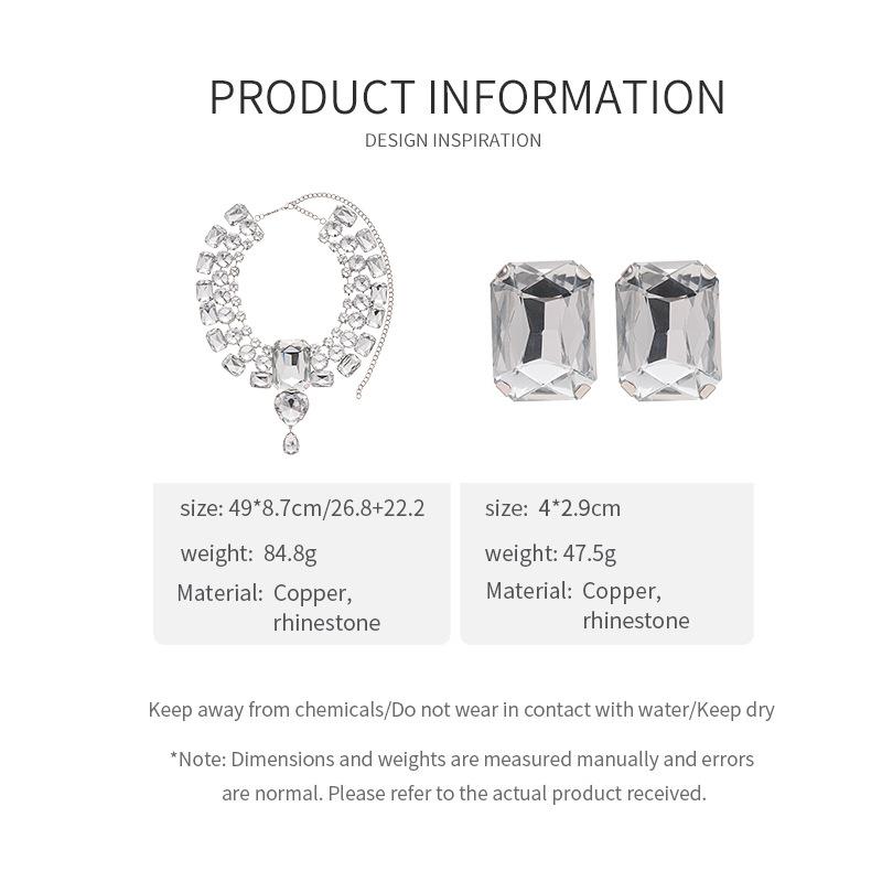 Exaggerated Inlaid Rhinestone Earrings Jewelry Set Square Necklace for Women Wedding Party Accessories