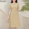 ZANZEA Damen Sommer Freizeit Rundhals Einfarbig Kurzarm Kleid
