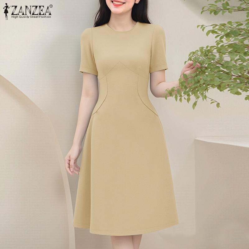 ZANZEA Damen Sommer Freizeit Rundhals Einfarbig Kurzarm Kleid