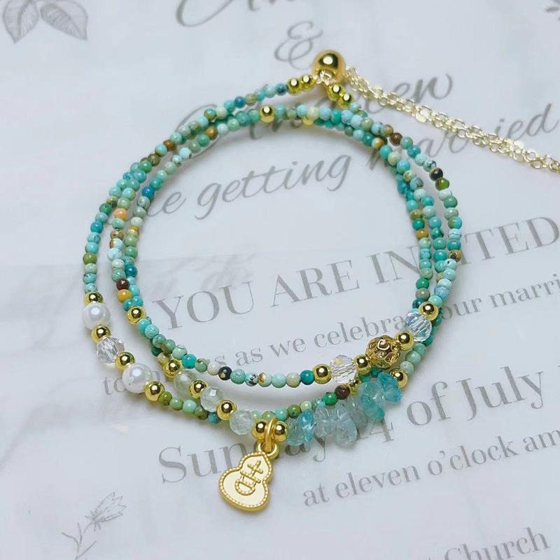 Natural crystal jewelry, millet turquoise round beads three-circle pull-out adjustable bracelet