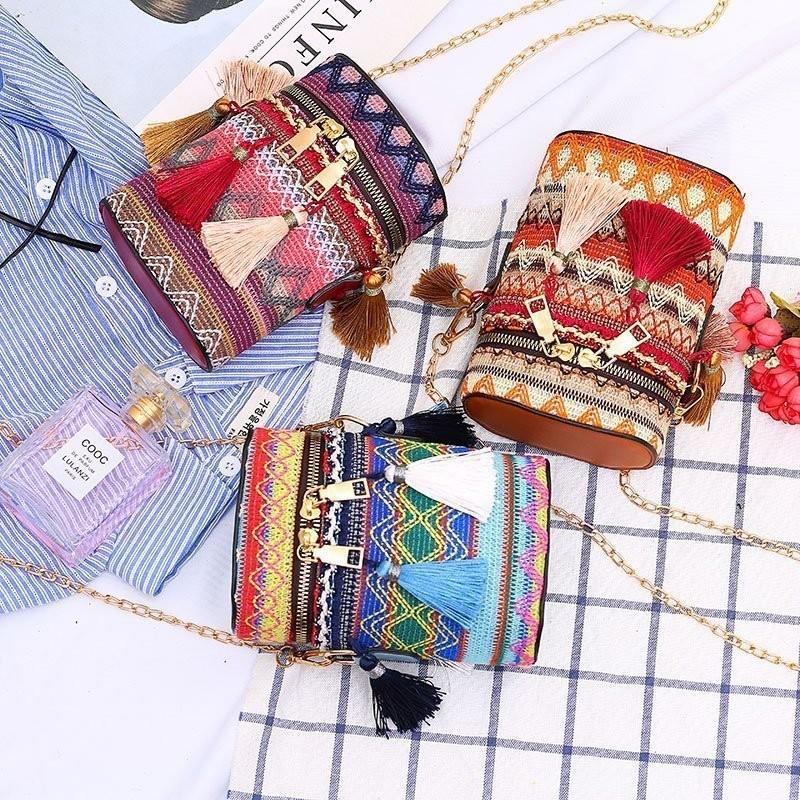 Colorful Style Ethnic Woven Texture Women Chain Cylindrical Bag With Tassel