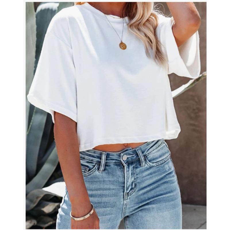 

Весна Новий Жіночий Одяг Однотонна Футболка з Коротким Рукавом та Круглим Вирізом Вільного Крою та Короткий Топ, що Відкриває Пупок, Сексуальний XXL білий